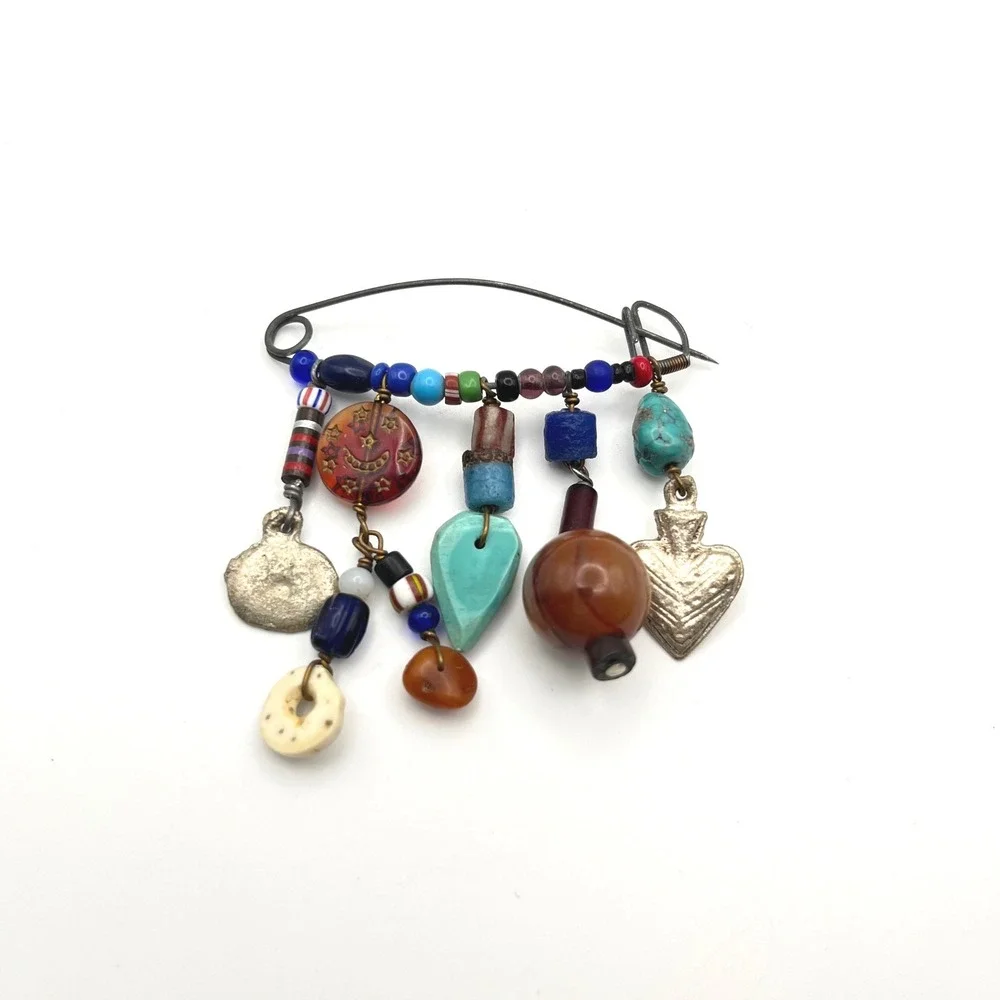 Vintage Fetish Brooch Mixed Media Charm Safety‎ Pin Glass Bead Celestial Heart